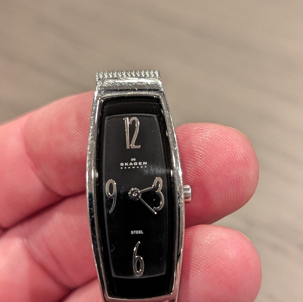 Skagen Denmark black and silver petite watch.